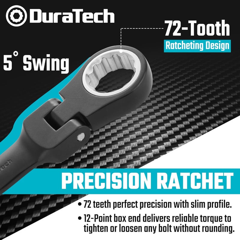 DURATECH Stubby Flex-head Ratcheting Combination Wrench Set, SAE, 8-piece, 5/16" to 3/4", CR-V Steel, Black Electrophoretic Coating, with Rolling Pouch - Image 3